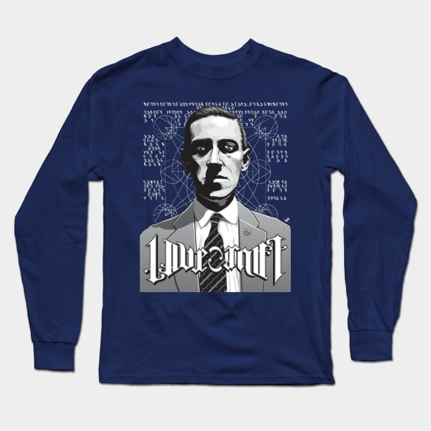 H P Lovecraft Ambigram Portrait Long Sleeve T-Shirt by Fire Forge GraFX